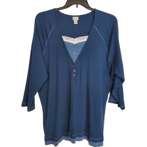 Venezia Blue Ribbed Henley Top 3/4 Sleeve Lace Trim Casual Plus Size 26/28